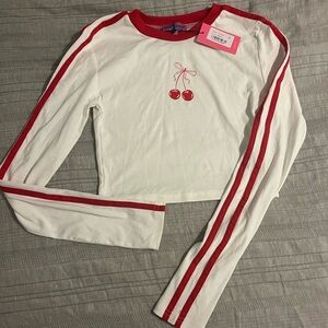 Edikted white long sleeve with red stripes, cherry and bow